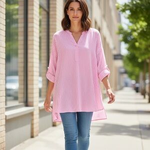 Sara Studio XL Tunic Top Pink White Stripes Roll Tab Sleeves Henley Cotton
